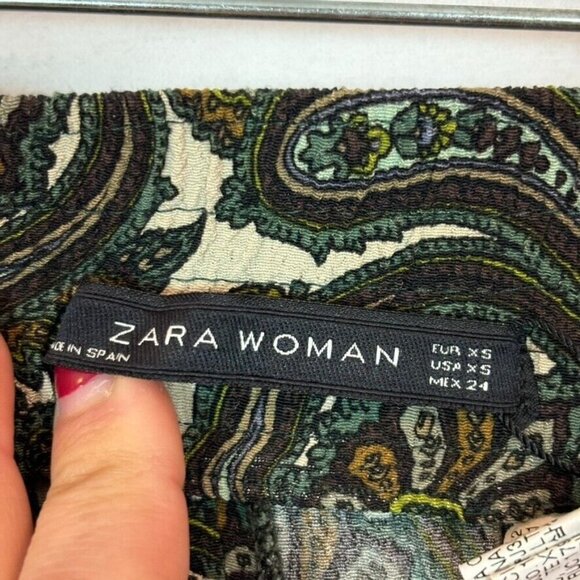 Zara Women's Pull on Green Paisley Pleated Pants Size XS Bohemian Straight Leg - Picture 7 of 14